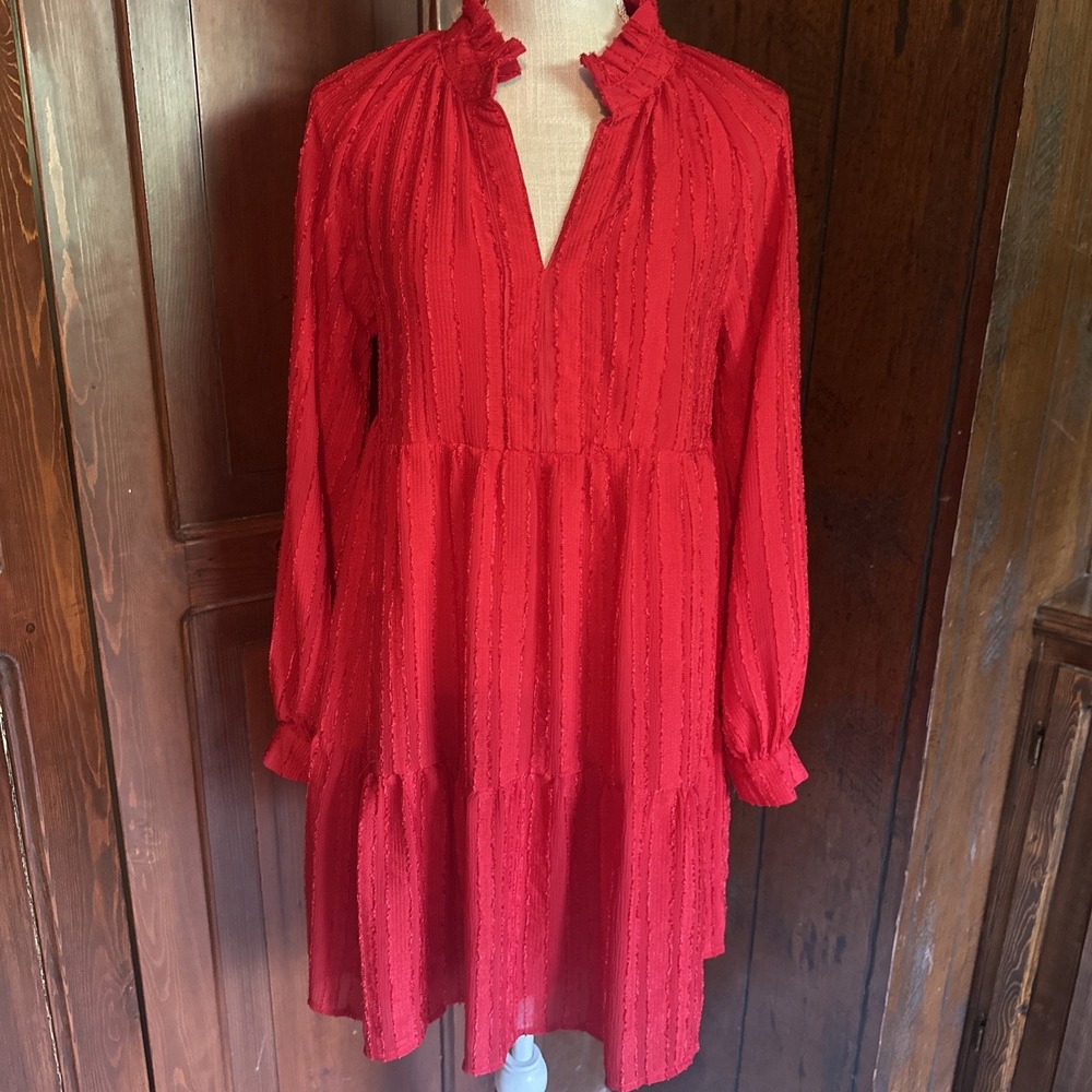 Womens Ellison Red Tiered Dress Boho Festival Holiday Via neck Small LINED EUC